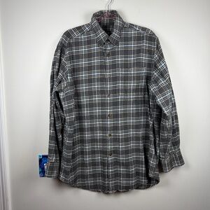Men’s Orvis Flannel Gray Blue Plaid Button Down Long Sleeve Casual Shirt Large